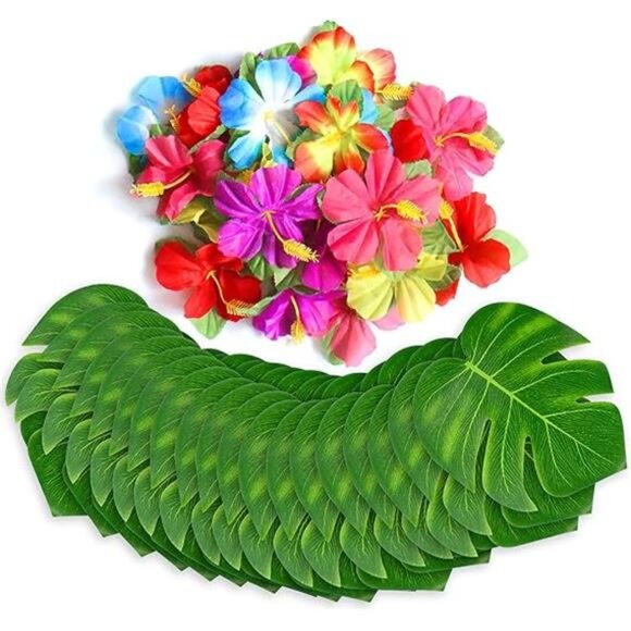 60Pcs Tropical Party Decorations Supplies Tropical Palm Leaves Hibiscus Flower - Picture 16 of 16